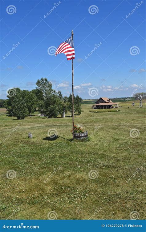 Usa Flag Blowing On The Open Prairie Grasslands Stock Photo Image Of