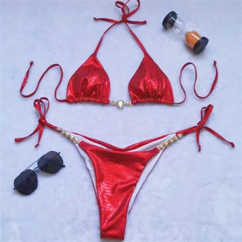 Red Metallic Bikini Set With Jewel Accents Swimwear On Luulla