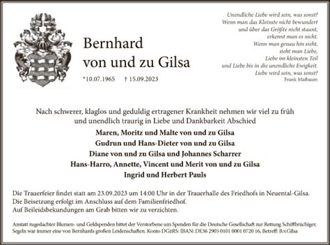 Traueranzeigen Von Bernhard Von Und Zu Gilsa Trauer Hna De