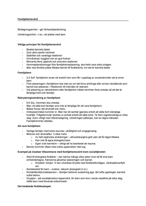 Familjehemsvård lecture notes Familjehemsvård Mottagningsenhet