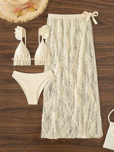 Shein Swim Mod Solid Bikini Set Ruffle Trim Top Bikini Bottom Lace