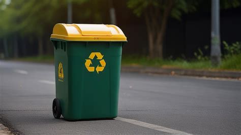 A Green Trash Can With A Yellow Recycle Logo On It Premium Ai