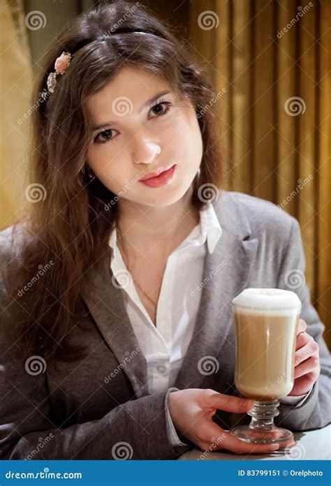 Beautiful Brunette Woman In Restaurant Drinking Coffee Stock Image Image Of Lifestyle Cafe