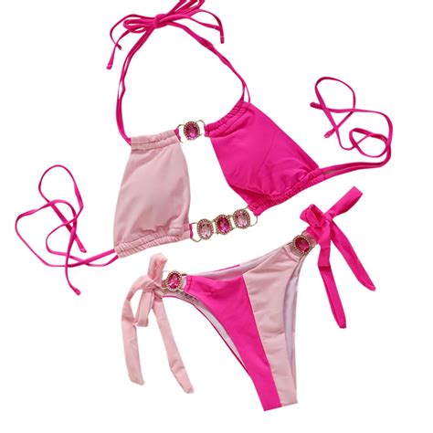 Pink Women Shorts Sets Color Block Tops Swimwear Micro Bikini Tankini Shorts Set For Women Beach