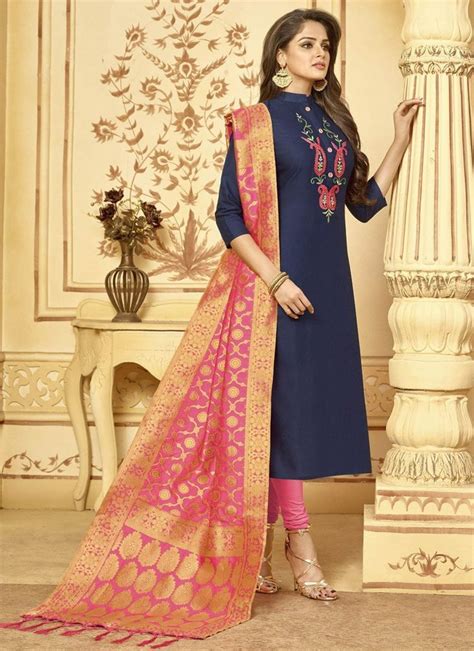 Navy Blue Straight Heavy Cotton Slub Chudidar Blue Color Resham