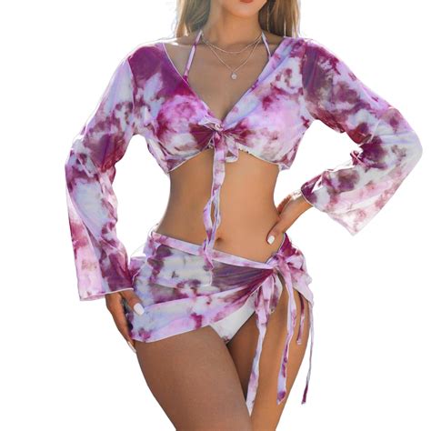 UTSJKR Fashion 2025 Tie Dye Bathing Suits Women 4 Piece Brazilian Bikini Sets Self Tie Crop
