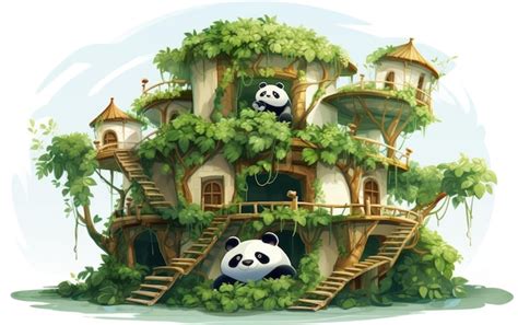 premium ai image panda bamboo treehouse  white background