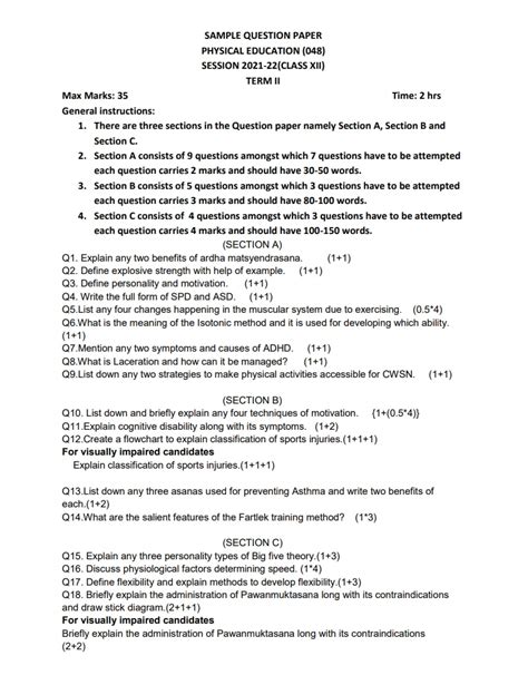 Cbse Class 12 Physical Education Sample Paper With Solutions For Term 2 Can You Score 100