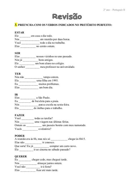 Preterito Perfeito Presente Exercicios Portugues Ple