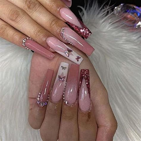 Hkanlre Butterfly Press On Nails Luxury French Long Pink