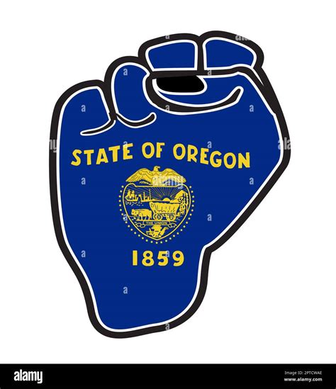 A Black Outline Power Fist Over The Oregon State Flag Icons Isolated On A White Background Stock