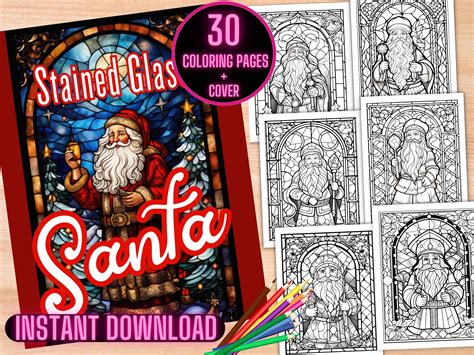 Stained Glass Santa Coloring Book Merry Christmas Coloring Santa