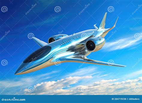 Futuristic High Speed Aircraft Soaring In Clear Blue Sky Stock