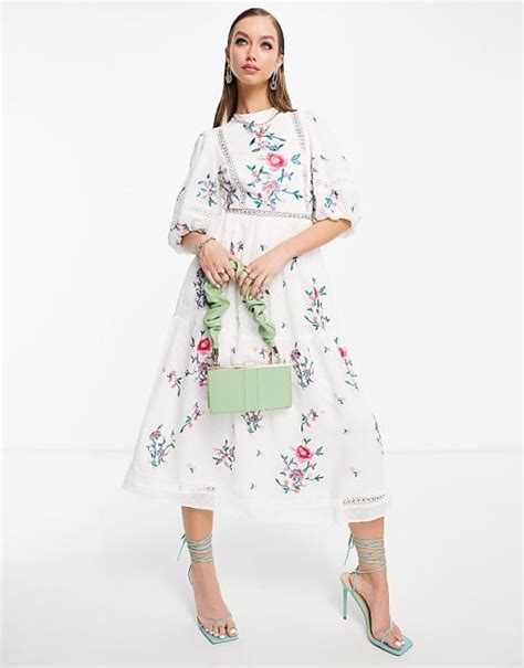 Asos Design High Neck Dobby Embroidered Midi Dress With Lace Trims In