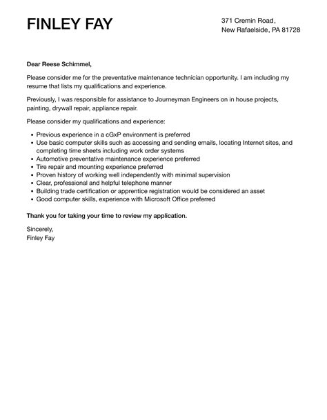 Preventative Maintenance Technician Cover Letter Velvet Jobs