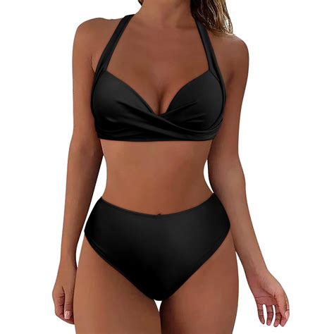 Idall Bikini Sets Bathing Suit Lady High Waist Halter Neck Solid Color Bikini High Cut Sexy