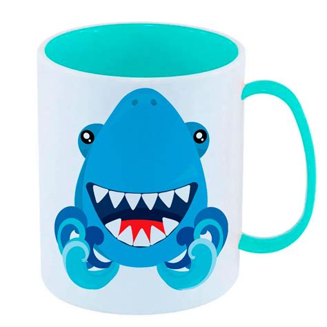 Caneca de Polímero Plástico Inquebrável Infantil Azul Tubarao Cabeca