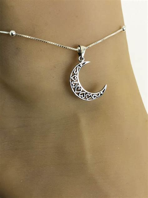 Moon Anklet Sterling Silver Beaded Ankle Bracelet Moon Heart Etsy