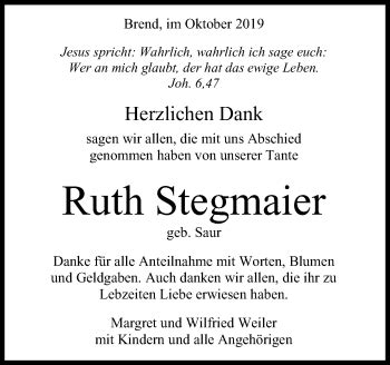 Traueranzeigen Von Ruth Stegmaier ZVW Trauer