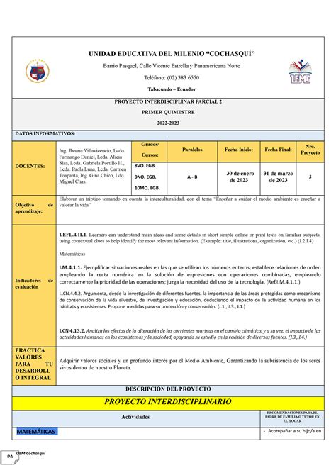 Plan Proy Interd Vo No Mo Egb Unidad Educativa Del Milenio