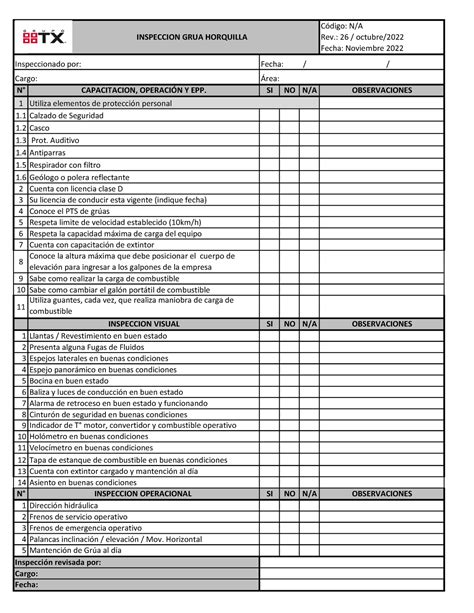 Check List Grúa Código N A Rev 26 octubre Fecha Noviembre 2022