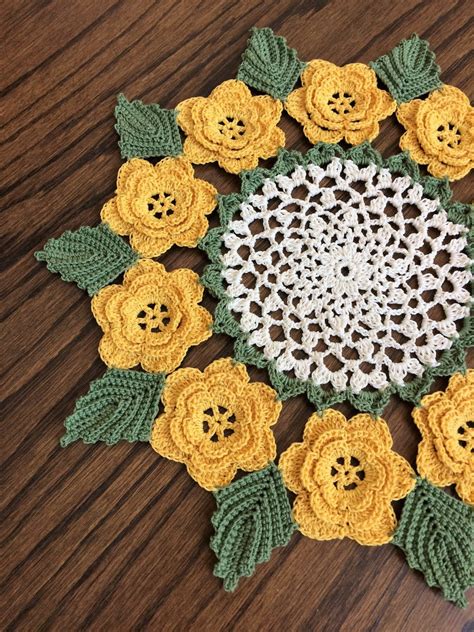 Crochet Doily Made To Order Doily Yellow Rose Doily Crochet Floral Doily 12 Inches Round