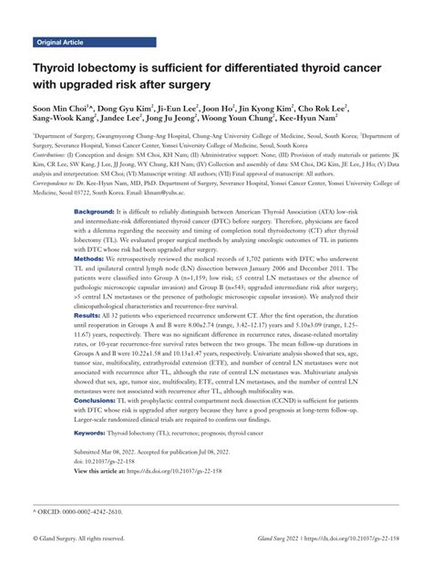 Pdf Thyroid Lobectomy Is Sufficient For Differentiated Thyroid Cancer