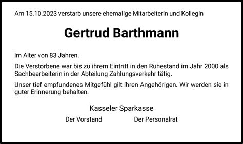 Traueranzeigen Von Gertrud Barthmann Trauer HNA De