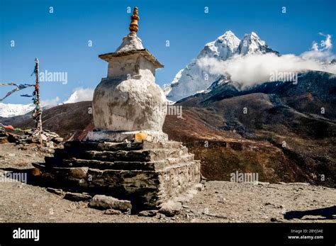 Nepal Island Peak Trek Buddhist Chorten Stupa With Mani Prayer Stones