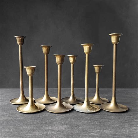 Lot Of 8 Brass Taper Candle Holders Gold Graduated Taper Candlestick Holders Vintage Wedding