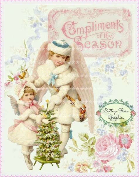 Pink Christmas Angels Vintage Shabby Compliments Of The Season Large