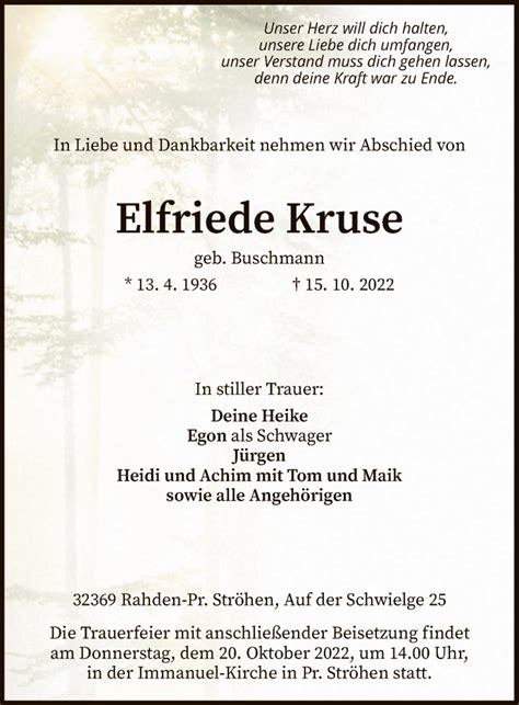 Traueranzeigen Von Elfriede Kruse Trauer Kreiszeitung De