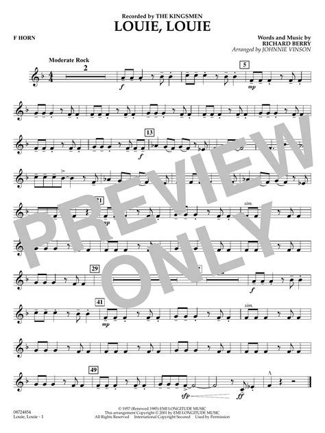 Louie Louie Arr Johnnie Vinson F Horn By The Kingsman Sheet Music For Concert Band At