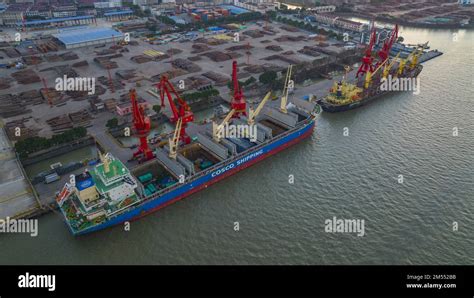 Aerial photo shows the busy scene at the wharf of Zhangjiagang Port in ...