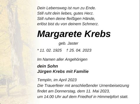 Traueranzeigen Von Margarete Krebs Trauer Nordkurier