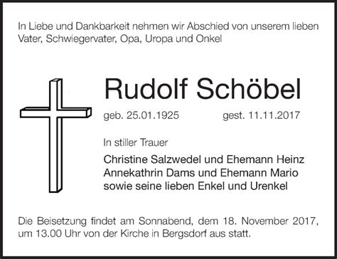 Traueranzeigen Von Rudolf Sch Bel M Rkische Onlinezeitung Trauerportal