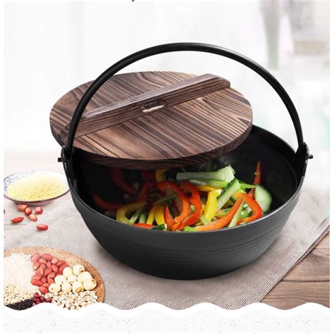 Cast Iron Pot Japanese Style Serving Shabu Shabu Hot Pot Sukiyaki Pot With Wooden Shopee Thailand