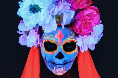 Premium Photo | Creative image of sugar skull. neon makeup.