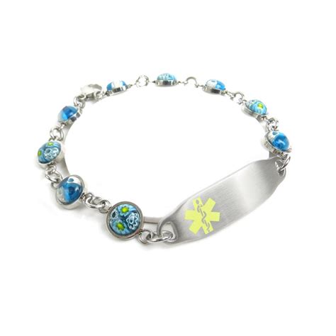 Womens Medical Id Bracelet Engraved Blue Round Glass Yellow