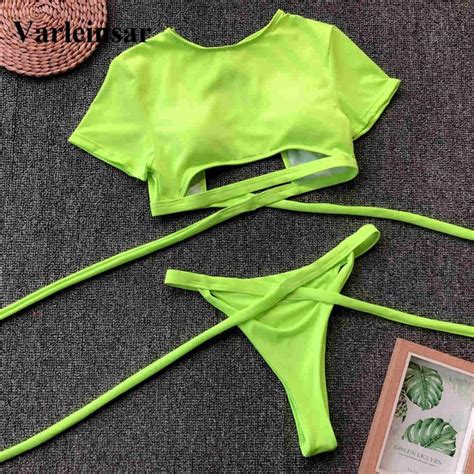 Us Sexy Thong Neon Green Bikini Swimsuit Women Swimwear Two Pieces Bikini Set High