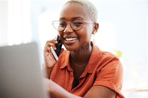 Laptop Phone Call And Happy Black Woman In Office For Conversation Planning And Discussion