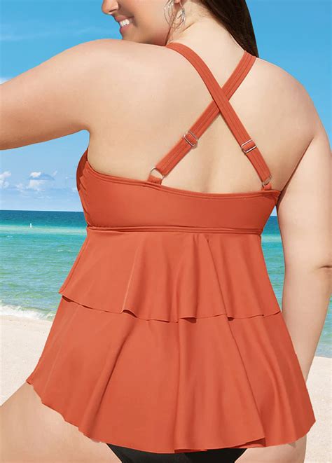 Brick Red Plus Size Criss Cross Tankini Set Rosewe Usd