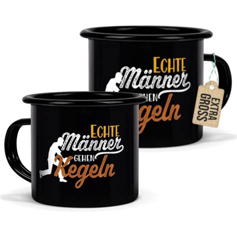 Emaille Tasse schwarz Echte Männer gehen Kegeln Tassendruck 14 9