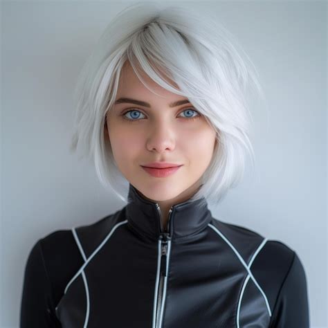 A Woman With Blonde Hair And A Black Jacket With White Trim Premium AI Generated Image