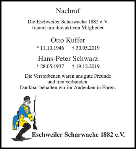 Traueranzeigen Von Nachruf Otto Kuffer Hans Peter Schwarz Aachen Gedenkt