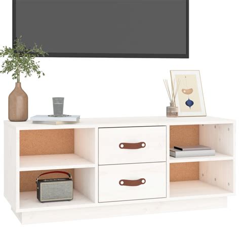 Hen Meuble Tv Blanc X X Cm Bois De Pin Massif Cdiscount Maison