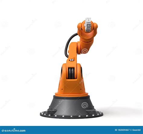 3d Rendering Of Orange Robotic Arm With Grey Gripper Standing On White