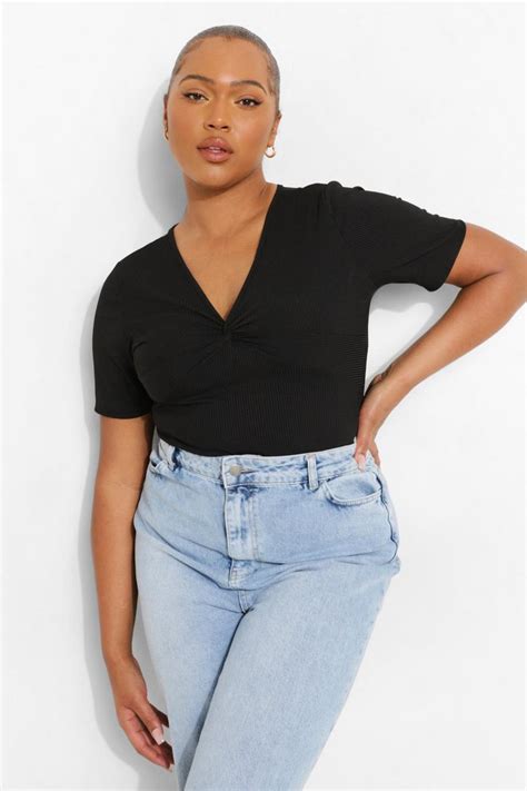 Plus Rib Front Knot Short Sleeve Bodysuit Boohoo