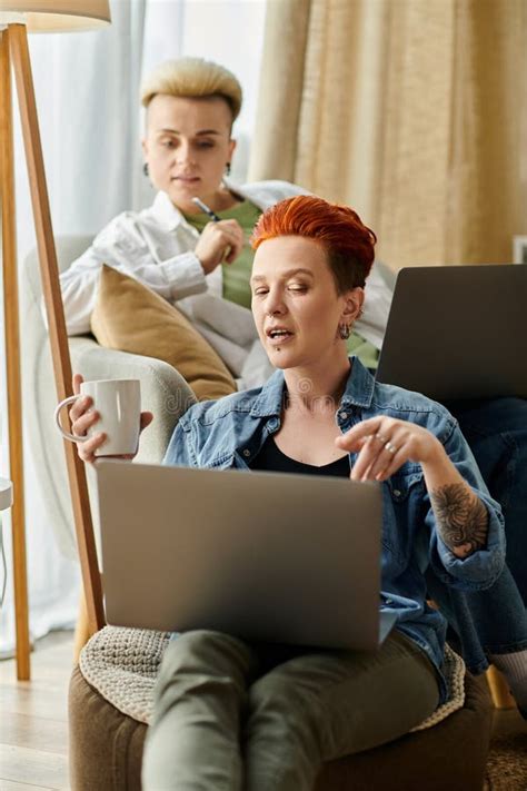 A Lesbian Couple With Short Hair Stock Image Image Of Lgbt Chatting