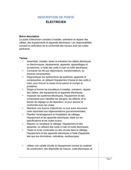 Électricien Description de poste Modèles Exemples PDF Biztree